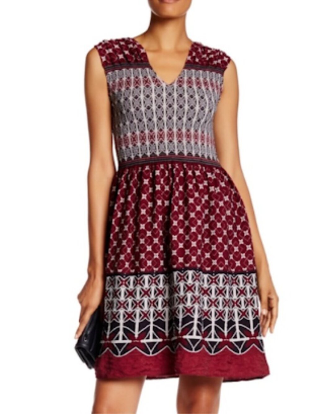 MAX STUDIO Oxblood Smocked Jacquard  Dress S